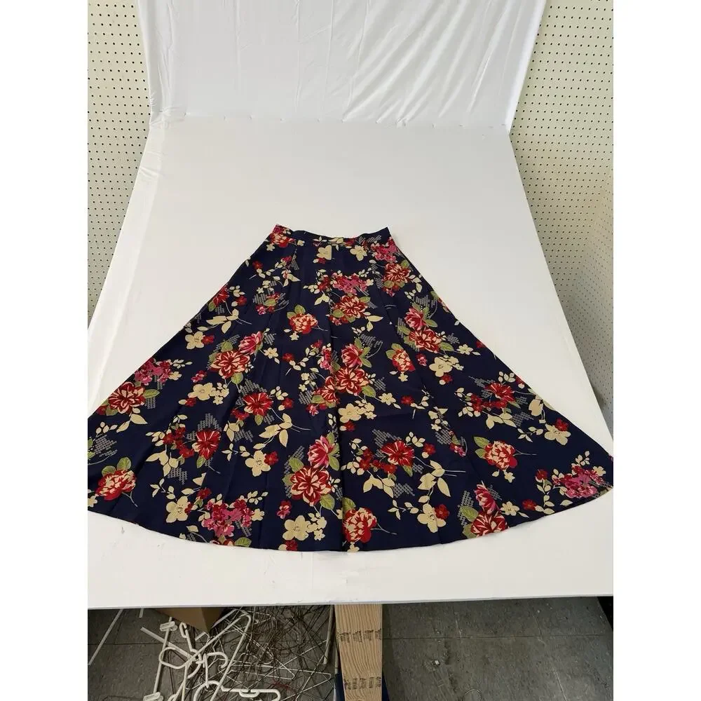 Koret Women’s Small Navy Floral Pleated Midi Skirt High Waist Vintage Style